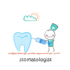 treats tooth with a syringe