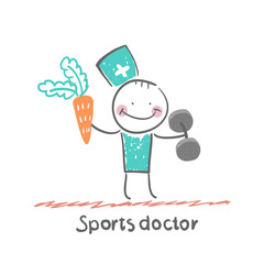 Sports doctor offers a carrot and holding dumbbells