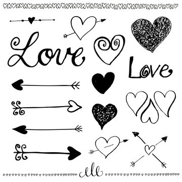 Ink hand-drawn doodle love set. Pen drawn heart, heart line and heart shaped arrows. Valentine’s Day elements. Vector illustration.
