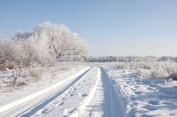 Fototapeta na wymiar road and hoar-frost on trees in winter