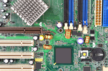 Printed computer motherboard with microcircuit, close up
