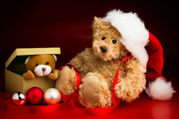 Teddy Bear Wearing a Christmas Hat and a Toy Bear Peeking Out of