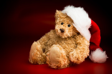 A Brown Teddy Bear Wearing a Christmas Hat
