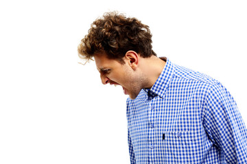 Side view portrait of a man shouting over white background