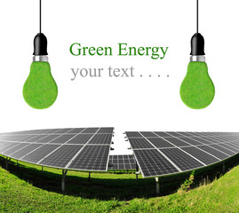 Solar energy panels with bulbs on white background