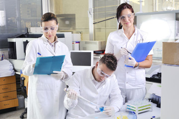 Obraz premium Attractive young PhD students scientists observing in the labora