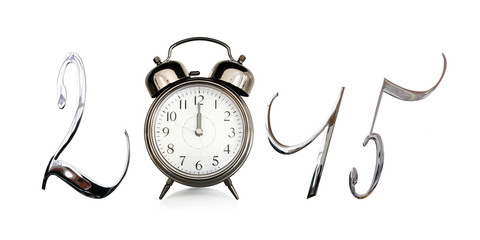 2015, old vintage alarm clock isolated on white background