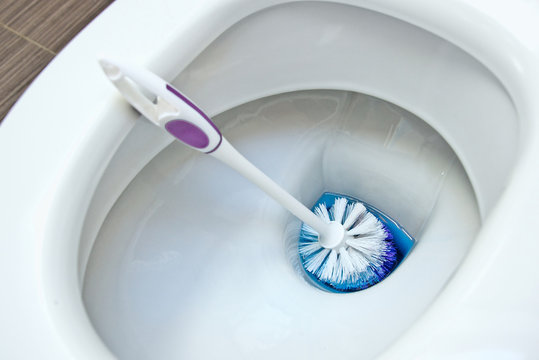 Cleaning Brush In A White Toilet Bowl With Blue Cleaning Product