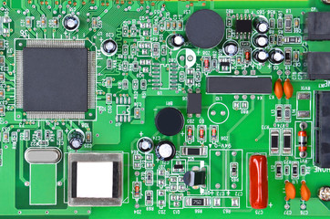 Printed computer motherboard with microcircuit, close up