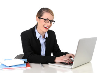 attractive businesswoman working happy at office laptop