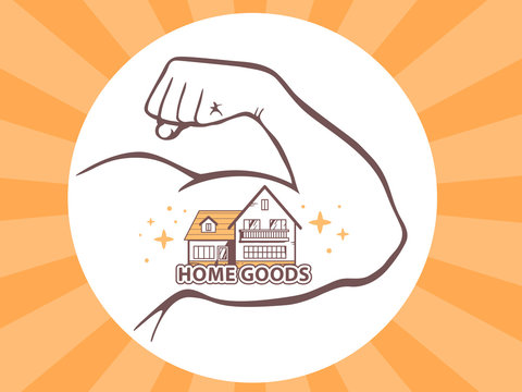 Vector Illustration Of Strong Man Hand With  Icon Of Home Goods