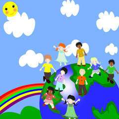 Obraz na płótnie Canvas Children of different races on a green planet