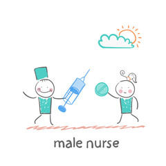 male nurse  with a syringe and pills in the hands of