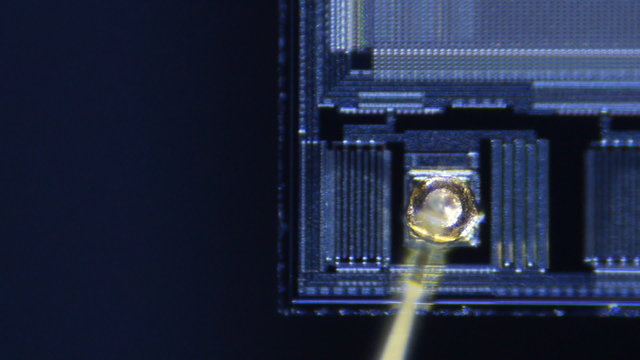 Matrix and the control gold wires. Macro. Dolly shot