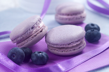Obraz na płótnie Canvas Violet French macaroons cookies and blueberries - horizontal
