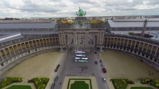 Brussels aerial in Park above Arc with horses, city view
