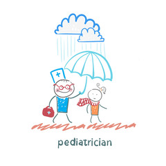 pediatrician holding an umbrella over the child in the rain