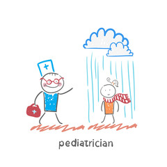 pediatrician talking to a sick child in the rain