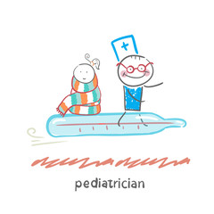 pediatrician is flying on a thermometer with a sick child