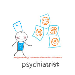 psychiatrist studying photos of demented patients