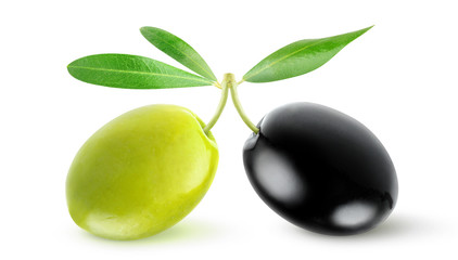 Isolated olive. Green and black olives with leaves over white background, with clipping path