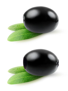 Isolated olive. Pitted and whole black olives over white background, with clipping path