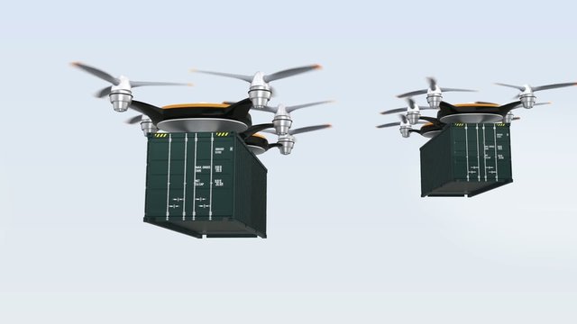 Heavy drones delivering cargo containers in sky