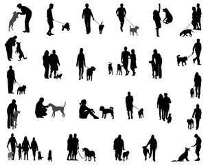 Black silhouettes  of people with dog, vector