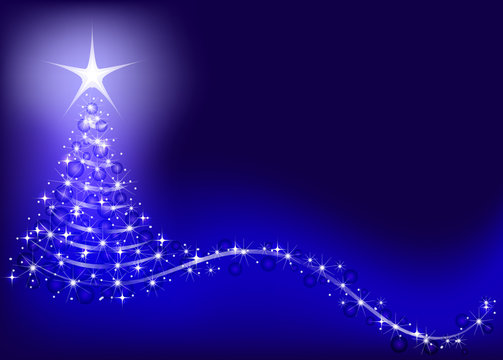 Blue background with shiny Christmas tree.