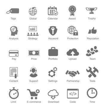Set  silhouetted black and white SEO and internet icons for