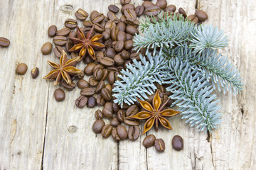 Blue pine tree branch, anise and coffee beans