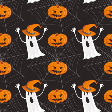 Halloween pattern with ghosand jack-o-lantern and web