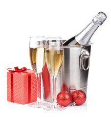 Christmas champagne in bucket and gift box