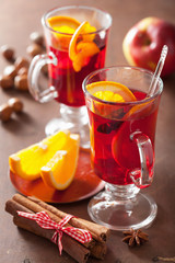 glass of mulled wine with orange and spices, winter drink