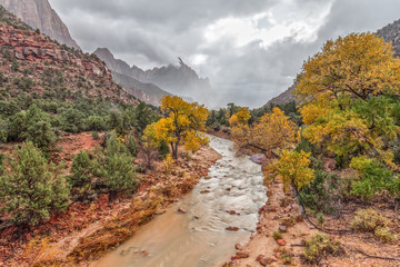 The Watchman and Virgin River in Fall in Zion N.P.