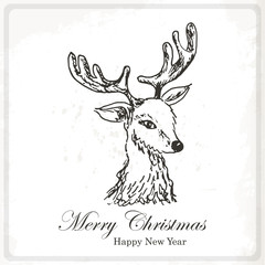 Christmas card with sketch deer. Hand drawing