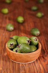 Fruits of feijoa in a wooden bowl