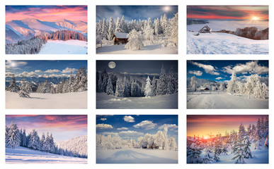Winter collage with 9 different Christmas landscapes.
