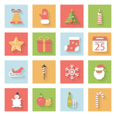 Christmas and New Year flat icons set with shadows