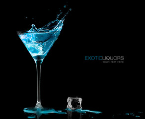 Cocktail Glass with Blue Spirit Drink Splashing. Template Design