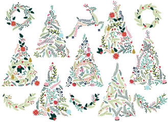 Floral or Botanical Christmas Trees, Wreaths, Bunting and Reinde - 73378270