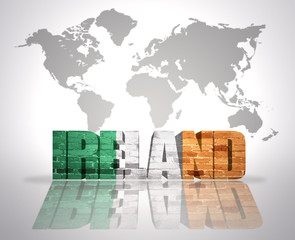 Word Ireland  on a world map background