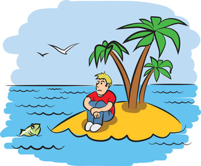 Obraz na płótnie Canvas Sad young man on a desert island. Vector illustration
