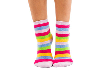 striped socks on the feet