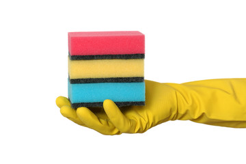 Cleaning equipment, hand in glove holding heap of sponge