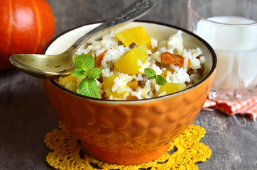 Pumpkin with rice,dried fruits and mint.