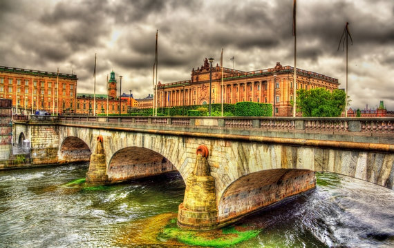 Norrbro bridge and Parliament in Stockholm, Sweden