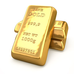 Fine gold bars, golden bullion on white background
