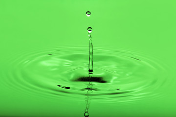Water drop close up in green