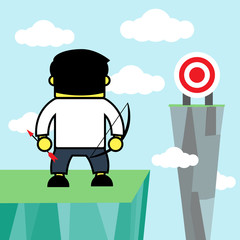 Businessman see the target and holding bow and arrow in hands.